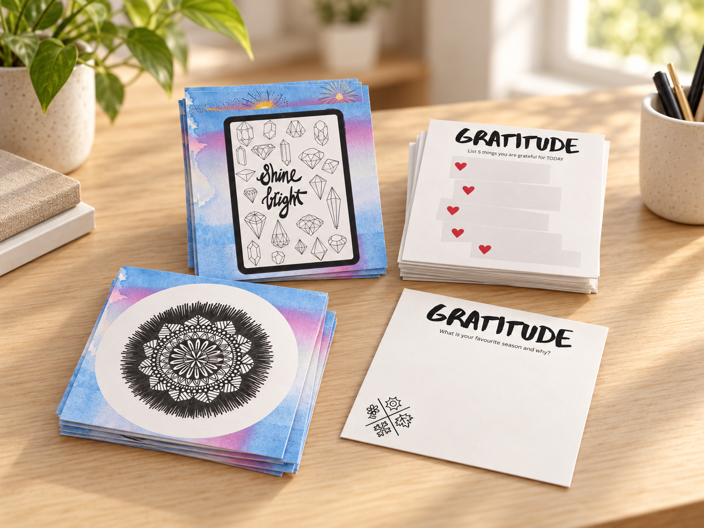 Gratitude journal cards with reflection prompts, Shine bright artwork and a mandala, displayed on a warm timber desk